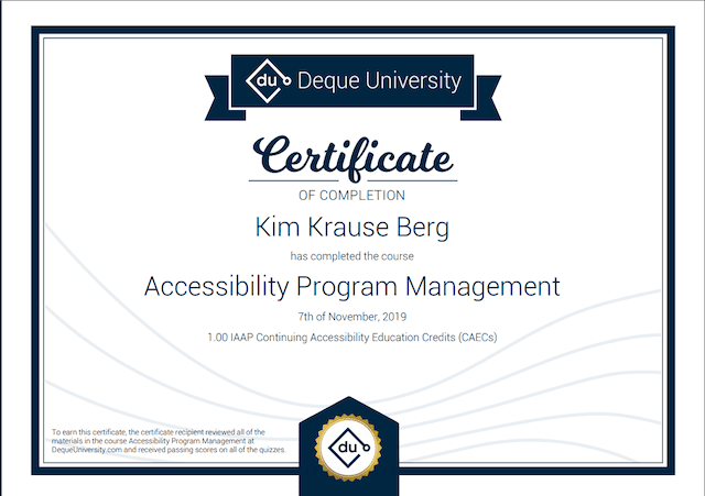 Certificate of Completion on Accessibility Program Management